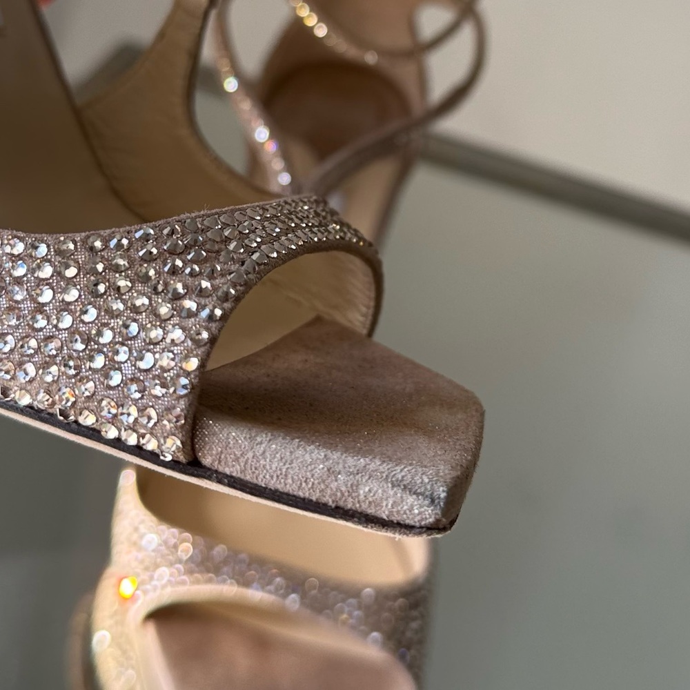 Like new JIMMY CHOO Azia 95 Honey Gold Suede Sandals with Crystals 37.5 $2,495 - Picture 16 of 17